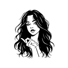 Elegant monochrome portrait of a captivating woman with flowing hair in a whimsical style