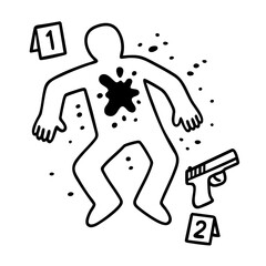 Crime scene with chalk body outline, gunshot wound marked on chest, numbered forensic evidence signs and handgun on the ground