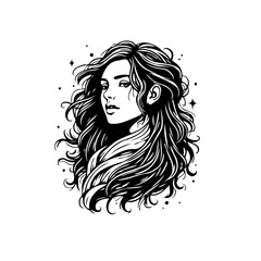 Elegant monochrome portrait of a woman with flowing hair surrounded by cosmic sparkle and ethereal