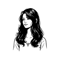 Elegant monochrome sketch of a woman gazing thoughtfully to the side with flowing hair and subtle