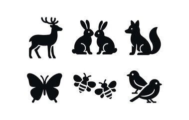 vector solid black filled icons coomb (wildlife): deer rabbits fox butterflies bees small birds.