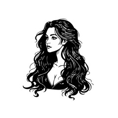 Elegant portrait of a woman with flowing dark hair, rendered in a minimalist black and white