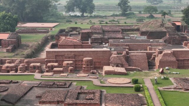 Aerial drone shot of the ancient ruins of Nalanda University in Bihar, India, UNESCO World Heritage Site and historic center of learning