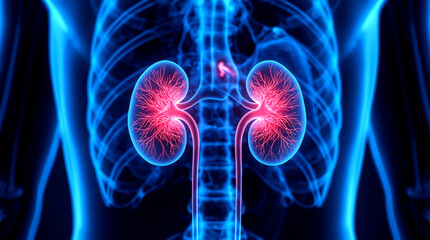 Human kidneys. digital illustration showing a translucent blue human torso with a focus on the kidneys, which are highlighted in pink and red, along with the renal arteries and veins