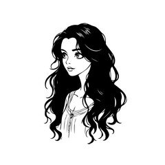 Elegant stylized portrait of a beautiful young woman with flowing dark hair illustration graphic