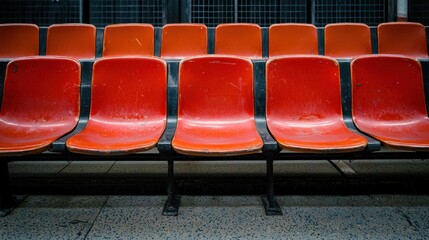 Fototapeta premium A row of red stadium seats in a stadium, with a concrete floor and a black metal frame.