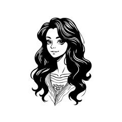 Elegant woman portrait in black and white with flowing hair art style illustration for design