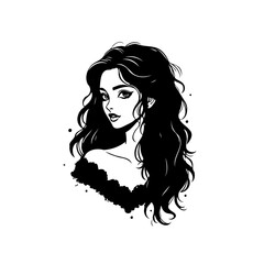 Elegant woman portrait with flowing hair rendered in bold monochrome illustrative style art for