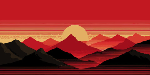 Layered mountain silhouette at sunset with a vibrant red sky and horizontal line texture.