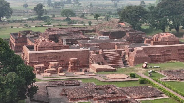 Aerial drone shot of the ancient ruins of Nalanda University in Bihar, India, UNESCO World Heritage Site and historic center of learning