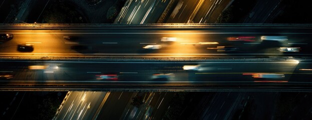 Night highway interchange, aerial view.  Blurred car lights streak across multiple elevated roadways intersecting at night