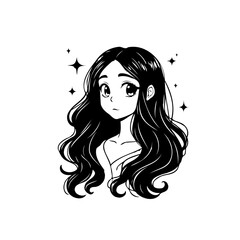 Enchanting anime character with flowing dark hair radiating celestial allure in black and white