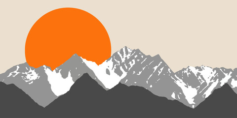 Modern graphic illustration of a serene mountain range with snow-capped peaks and a large orange sun.
