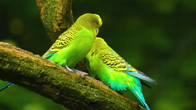 Close up of two green parakeet, budgie sitting on a branch and interacting.