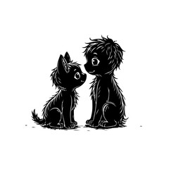 Enchanting monochrome illustration: kitten and child gazing towards each other with fondness and