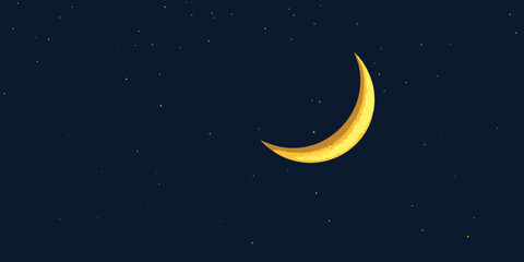 Naklejka premium Stylized golden crescent moon with a textured surface in a dark starry night sky illustration.