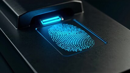 A fingerprint scanner shows a glowing blue fingerprint on a dark futuristic device - Powered by Adobe