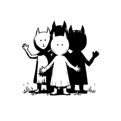 enigmatic trio of whimsical creatures radiating cheerfulness in a minimalistic monochrome design