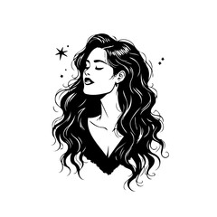 Ethereal beauty depiction with flowing hair and celestial accents a monochrome illustration of