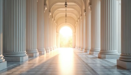 Fototapeta premium Grand colonnade with classical columns under natural light. Sunlight streams through arches illuminating marble floor with checkered pattern. Empty, serene space promotes intellectual learning,