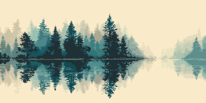 Misty teal pine forest landscape with a serene reflection in calm water.