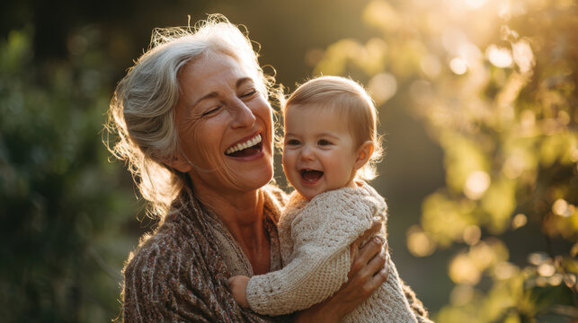Grandmother holding baby grandchild laughing warm sunlight outdoors joyful and loving moment captured family bond happiness nature smiling face tender embrace sunny day childhood affection close - Powered by Adobe