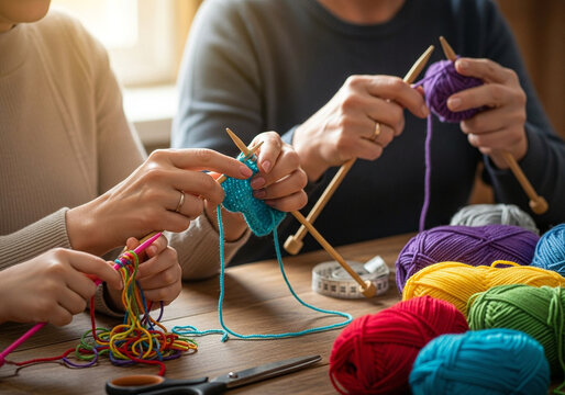 Group of people knitting together, a social crafting hobby.