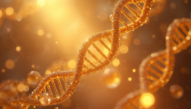 Golden DNA double helix molecule structure with bright bokeh lights. Represents genetics, biotechnology, beauty, science concepts. Ideal for medical research, cosmetic products, health-related media.