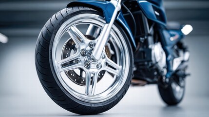Obraz premium Close-up of a blue motorcycle's front wheel, highlighting its shiny chrome detailing.