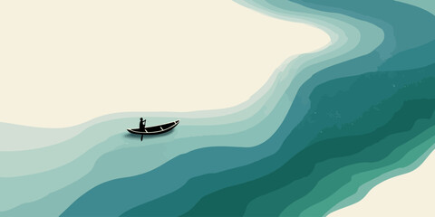 Minimalist black silhouette of a solitary person paddling a small traditional boat.