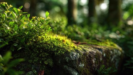 Close-up of moss-covered stone in a forest. Sunlight filters through foliage