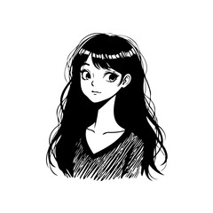 Illustration featuring a young woman with flowing black hair expressing serene contemplation in a