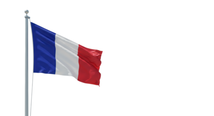 High-quality French tricolor flag of flowing fabric gently unfurling on a sleek, modern flagpole, against a transparent studio background, concept of global identity and international connection