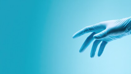 Light-blue latex glove reaching out against a light-blue backdrop