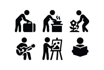 vector solid black filled icons career transformation (daily life): packing bag cooking gardening learning instrument painting reading.