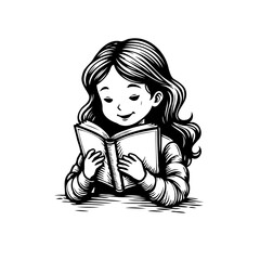 Illustrative artwork depicting a girl engrossed in reading a book radiating joy and intellectual