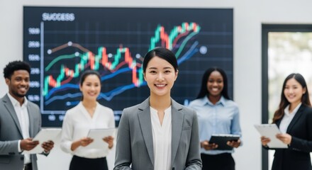 A diverse group of business professionals standing in a modern office with a large screen displaying a financial graph in the background.