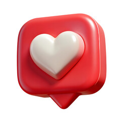 A glossy white heart symbol rests prominently on a vibrant red rounded square notification bubble isolated on transparent background