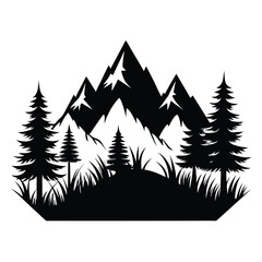 Obraz premium Silhouette Landscape Majestic Mountains, Pine Trees, and Lush Grass Illustration in Black