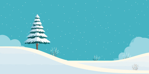Obraz premium A serene cartoon winter landscape with a snow-covered pine tree on a hill during a gentle snowfall.