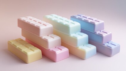 Obraz premium Stacked pastel-colored chocolate bars in a geometric arrangement. Soft, pastel hues of candy. Abstract, 3D render. Stacked bars. Pastel color gradient