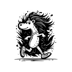 Illustrative monochrome hedgehog character jogging gleefully through stylized surroundings