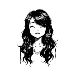 Illustrative portrait of a girl with closed eyes and wavy hair rendered in black and white