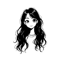 Ink drawing of a young woman with flowing hair and big eyes evokes innocence and beauty