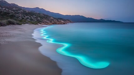 Obraz premium Magical bioluminescent waves illuminate a serene beach at twilight, creating an ethereal seascape