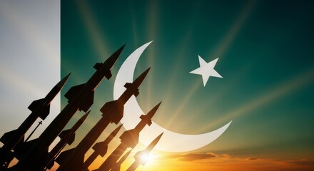 Pakistan Defense Symbolism &ndash; Missiles Against National Flag at Dawn