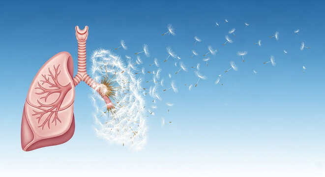 Medical illustration of lungs with particles representing air pollution or allergies.