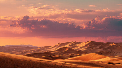 Fototapeta premium A dramatic desert landscape at sunset with sweeping sand dunes, creating an awe-inspiring scene filled with color and tranquility.