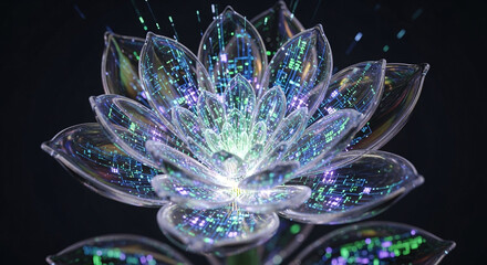 A glowing, iridescent lotus flower made of crystal or light.