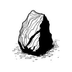 Monochromatic drawing of a weathered rock boulder with organic lines and surrounding ground